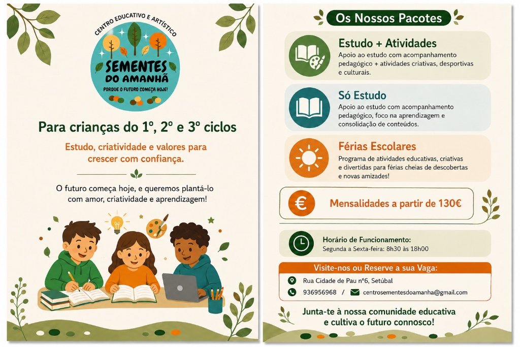 Sementes do Amanhã Apoio Escolar - Folheto Oficial para 1º, 2º e 3º Ciclos, Pacotes Estudo + Atividades, Só Estudo, Férias Escolares e Horários
