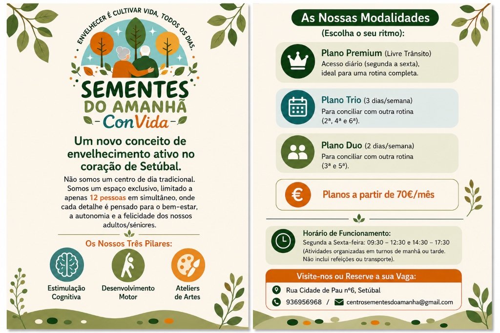 Sementes do Amanhã ConVida - Folheto Oficial com Modalidades, Pilares de Estimulação Cognitiva, Motora e Ateliers de Artes